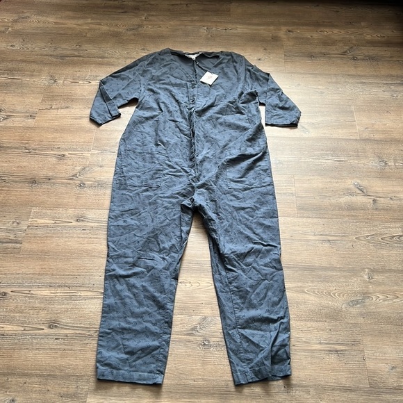 The Nines by HATCH 3/4 Sleeve Button-Front Maternity Jumpsuit Indigo Floral XXL - Picture 3 of 8